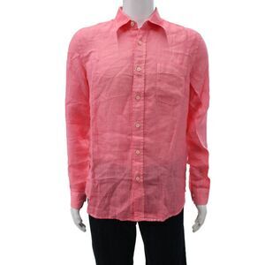 120% Lino Mens Button Front Long Sleeve Linen Collared Shirt Pink Size XS